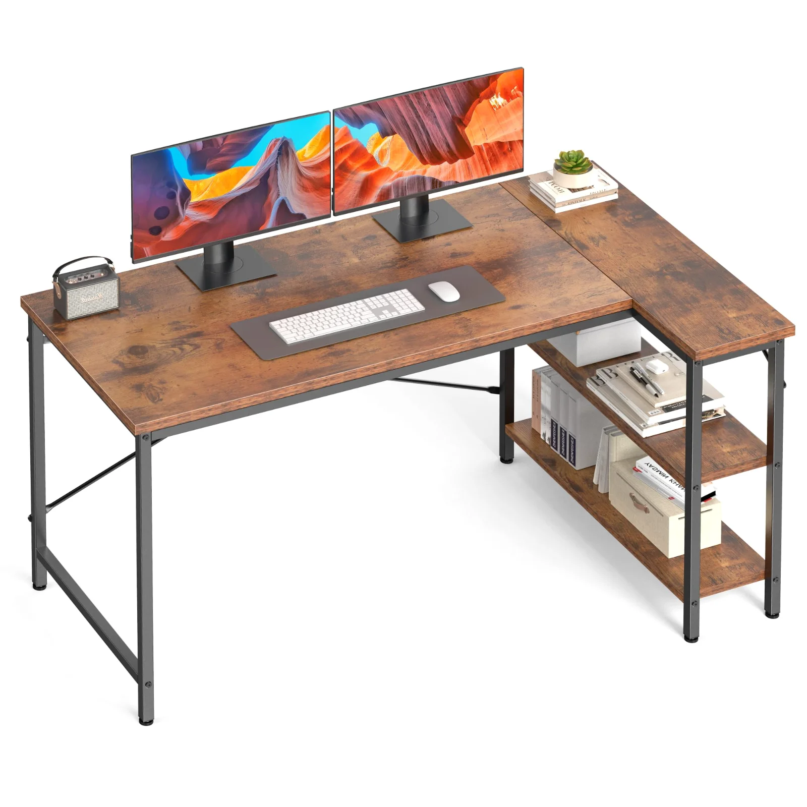 A OLIXIS L-shaped desk with two monitors set up in a home corner